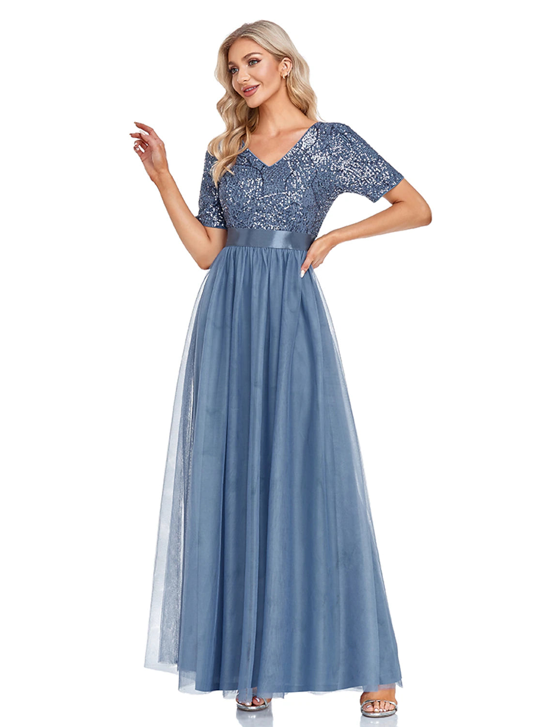 wholesa A-Line Evening Gown Sparkle & Shine Dress Wedding Guest Prom Floor Length Short Sleeve V Neck Bridesmaid Dress Tulle with Sequin Splicing