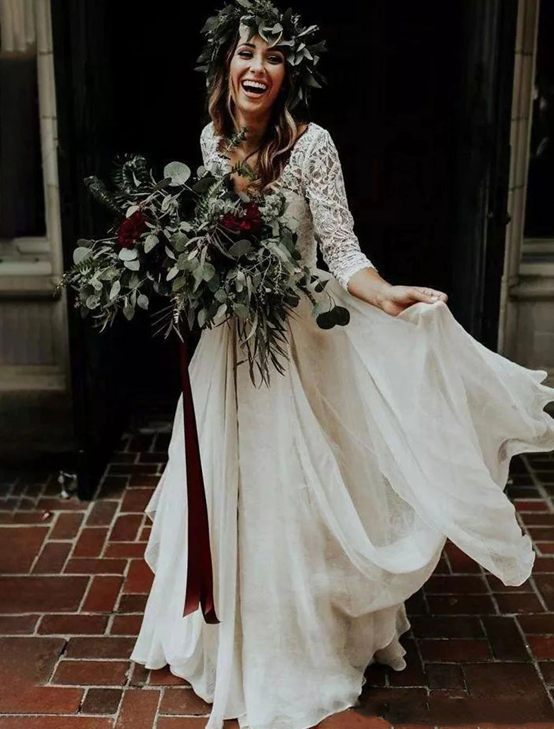 wholesale  Boho Wedding Dresses Ball Gown V Neck 3/4 Length Sleeve Sweep / Brush Train Chiffon Bridal Suits Bridal Gowns With Pleats
