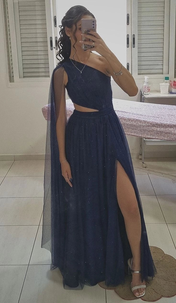 Elegant A-Line One-Shoulder Single Sleeve Open Back Sequin Tulle Maxi Evening Dress