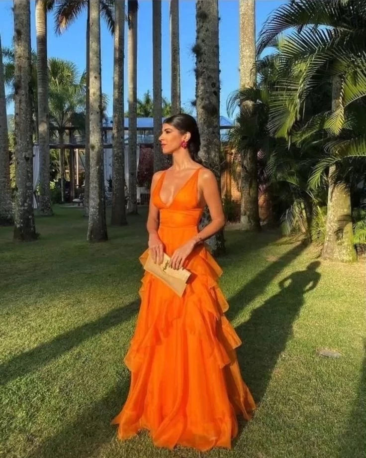 Vibrant A-Line V-Neck Spaghetti Strap Open Back Tiered Floor Length Evening Dress