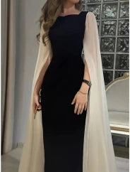 Elegant Column Boat Neck Sleeveless Cape Detail Floor Length Evening Dress