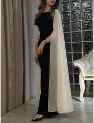 Elegant Column Boat Neck Sleeveless Cape Detail Floor Length Evening Dress