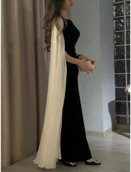 Elegant Column Boat Neck Sleeveless Cape Detail Floor Length Evening Dress