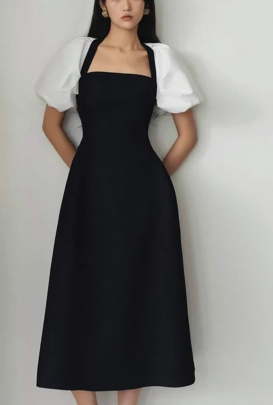 Elegant A-Line Halter-Neck Puff-Sleeve Cutout-Back Midi-Length Evening Dress
