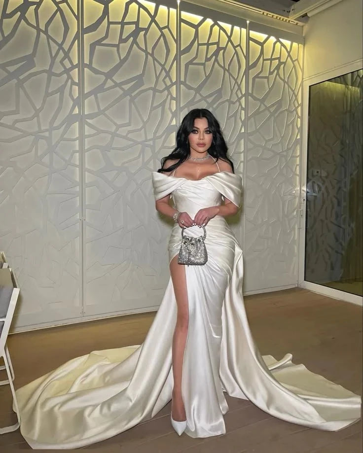 Elegant Satin Mermaid Off-Shoulder Spaghetti-Strap Open-Back Maxi Evening Dress