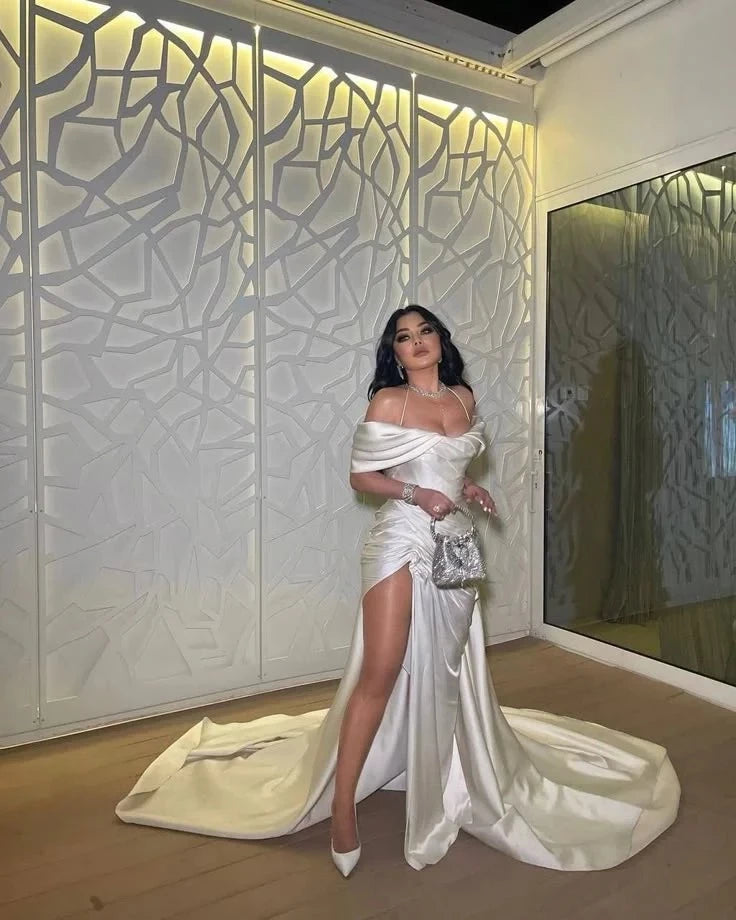 Elegant Satin Mermaid Off-Shoulder Spaghetti-Strap Open-Back Maxi Evening Dress
