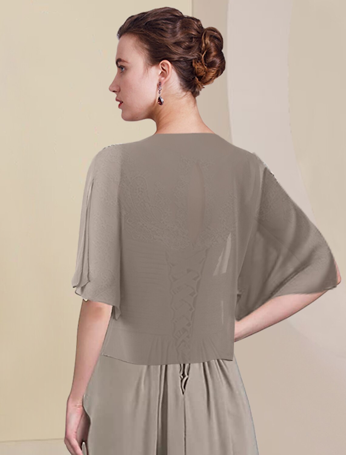 wholesale  Two Piece A-Line Mother of the Bride Dress Formal Wedding Guest Elegant High Low V Neck Asymmetrical Tea Length Chiffon Lace Half Sleeve Wrap Included with Ruched Appliques