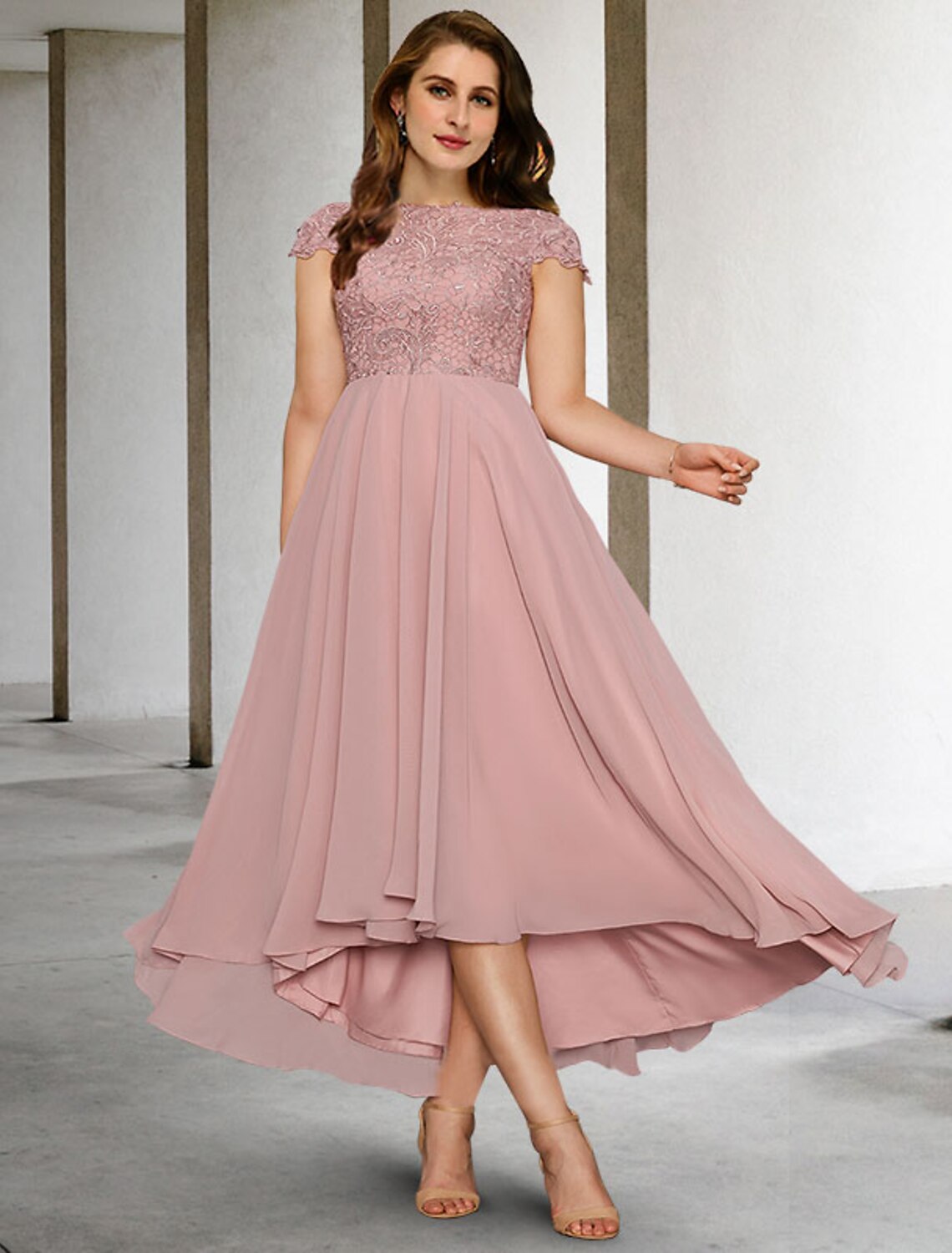 wholesale  A-Line Mother of the Bride Dresses Plus Size Hide Belly Curve Elegant Dress Formal Asymmetrical Short Sleeve Jewel Neck Chiffon with Pleats Appliques