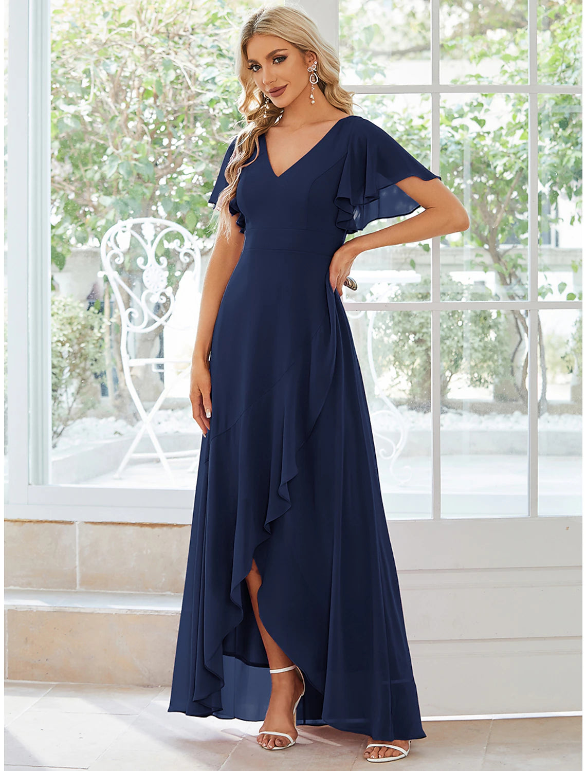 wholesale  A-Line Wedding Guest Dresses Casual Dress Party Dress Wedding Party Asymmetrical Short Sleeve V Neck Bridesmaid Dress Chiffon with Ruffles Pure Color