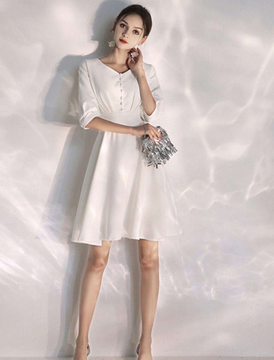 wholesale  Reception Little White Dresses Wedding Dresses A-Line V Neck Half Sleeve Knee Length Stretch Fabric Bridal Gowns