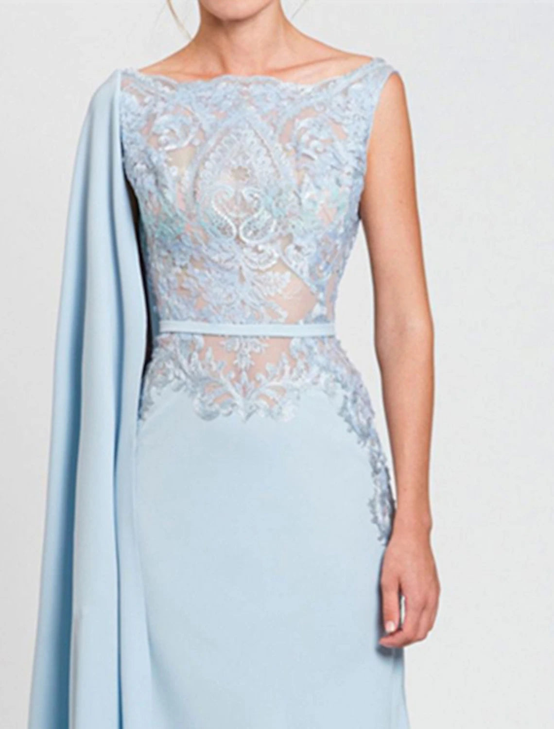 Wholesa  Mermaid / Trumpet Mother of the Bride Dress Formal Wedding Guest Party Elegant Jewel Neck Court Train Chiffon Lace Sleeveless with Sash / Ribbon Appliques