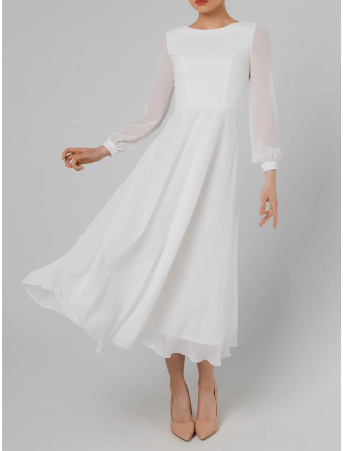 Wholesa A-Line Cocktail Dresses Little White Dresses Dress Wedding Reception Tea Length Long Sleeve Jewel Neck Fall Wedding Guest Cotton V Back with Ruffles Pure Color