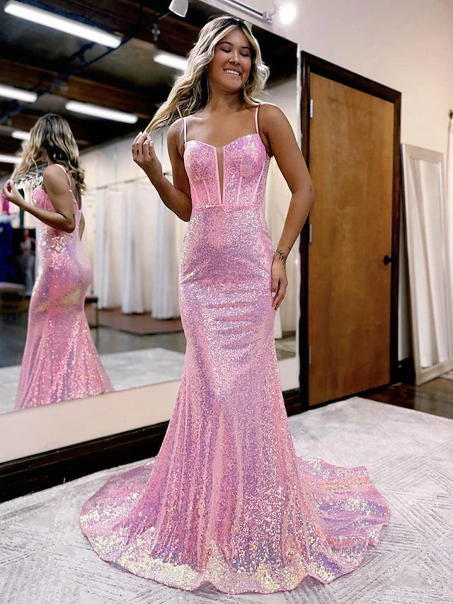 Wholesa Mermaid / Trumpet Prom Dresses Sparkle & Shine Dress Formal Court Train Sleeveless Spaghetti Strap Sequined V Back with Sequin
