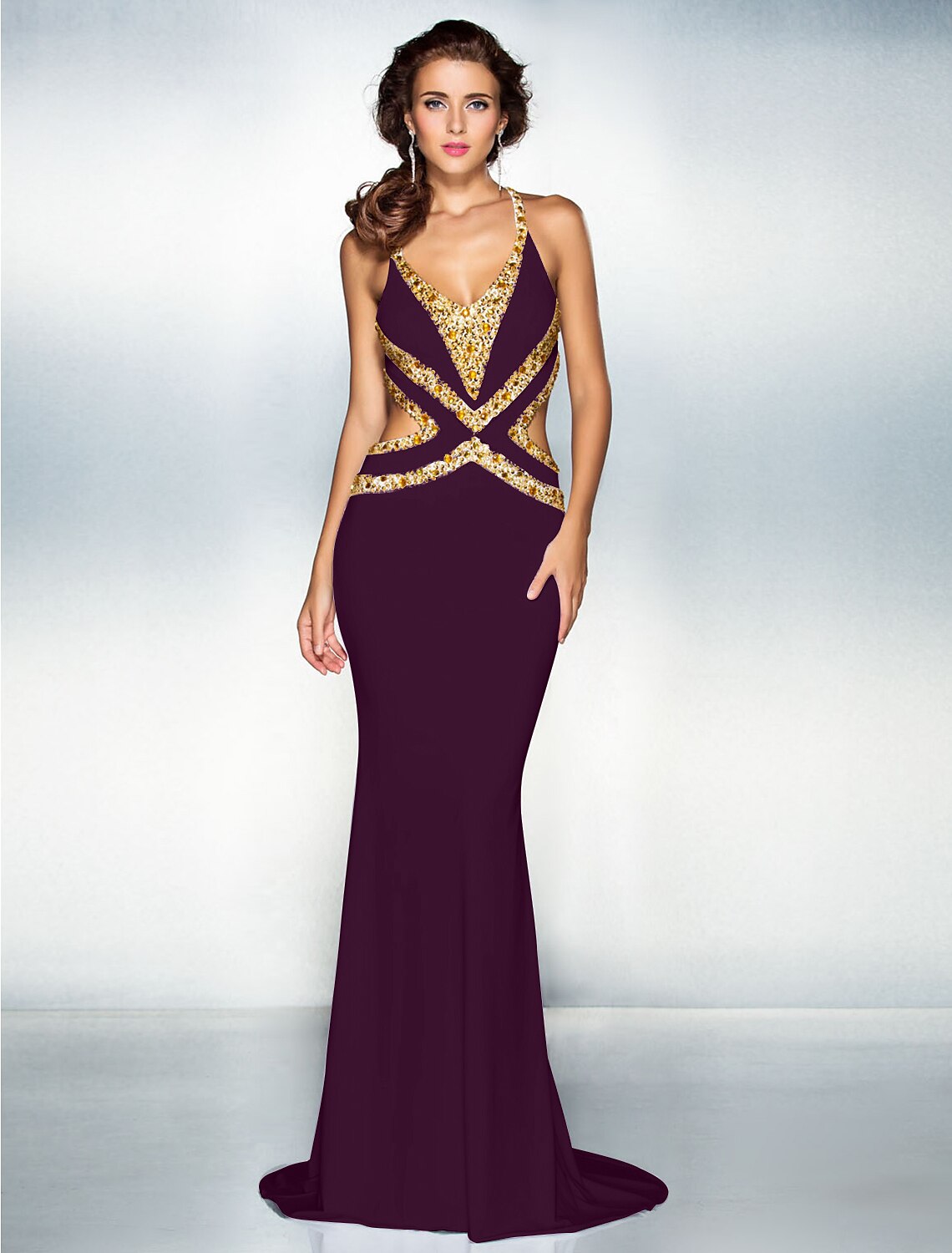 Wholesa Mermaid / Trumpet Sparkle Dress Wedding Guest Engagement Sweep / Brush Train Sleeveless V Neck Jersey Crisscross Back with Crystals