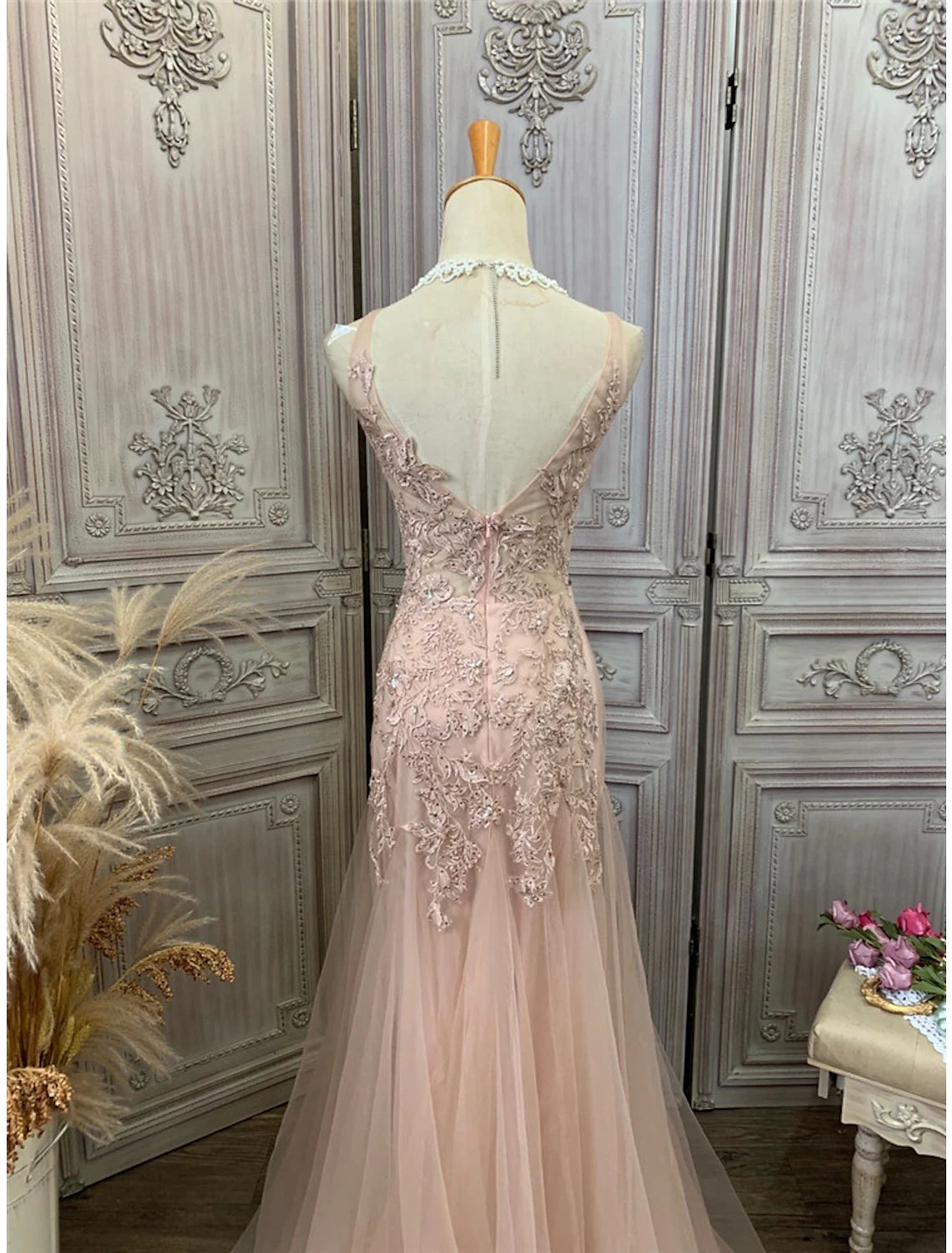 wholesale  Mermaid / Trumpet Prom Dresses Maxi Dress Party Wear Wedding Party Sweep / Brush Train Sleeveless V Neck Tulle with Appliques