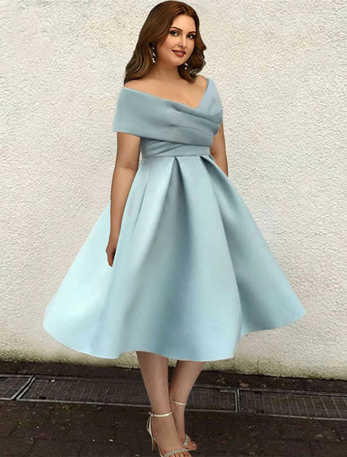 Wholesa A-Line Cocktail Dresses 1950s Dress Wedding Guest Cocktail Party Tea Length Short Sleeve V Neck Satin with Sleek Pleats Pure Color
