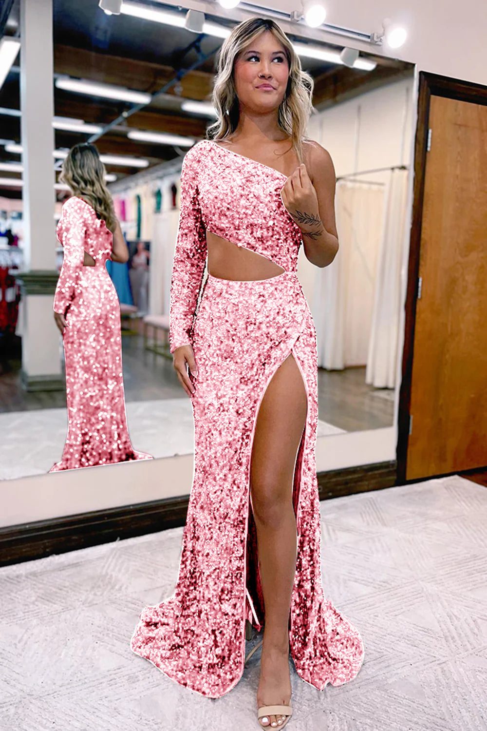 Wholesa Sheath One Shoulder Sequins Long Prom Dress with Silt