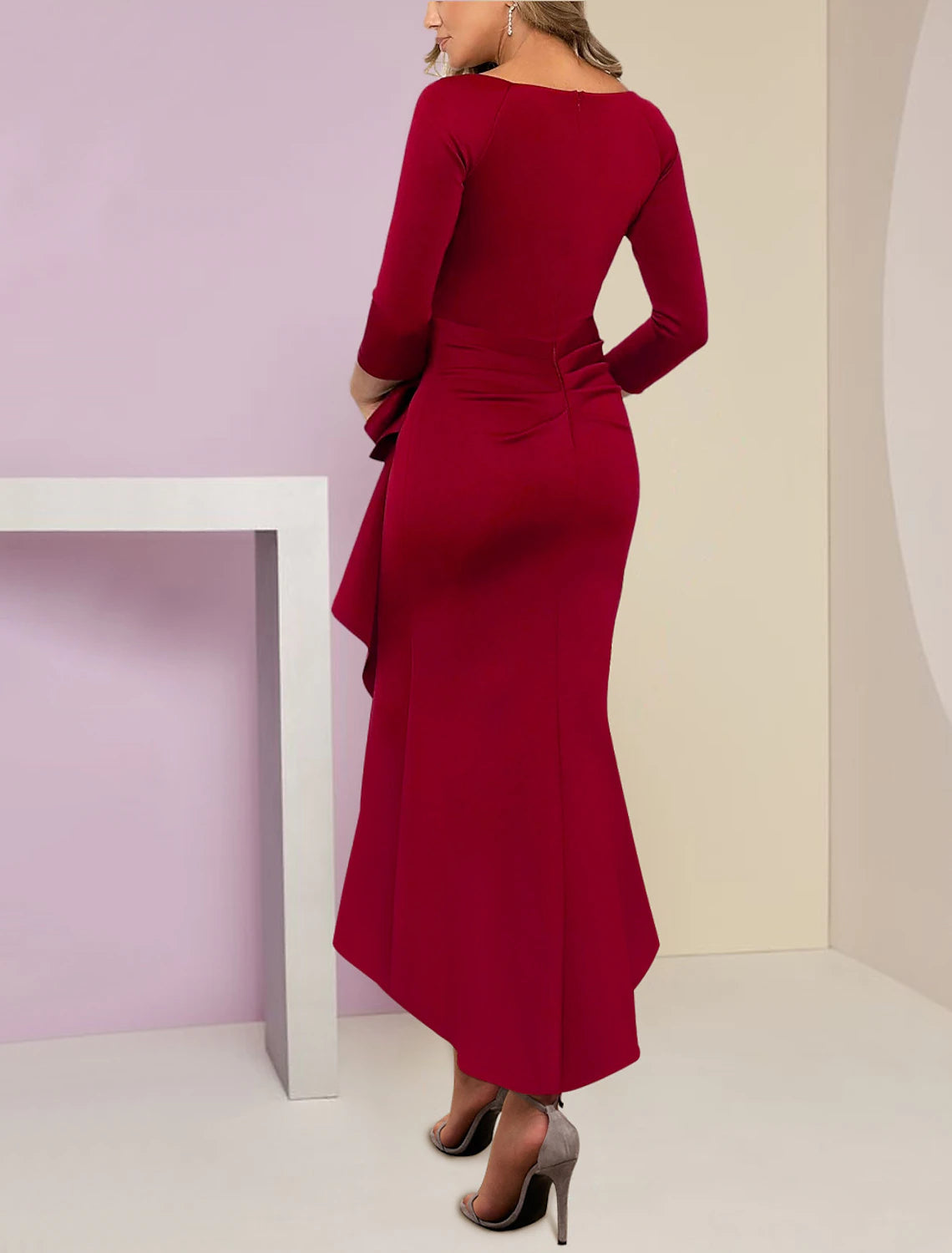 Wholesa  Mermaid / Trumpet Mother of the Bride Dress Wedding Guest Elegant Petite Scoop Neck Asymmetrical Stretch Fabric Long Sleeve with Ruffles Ruching