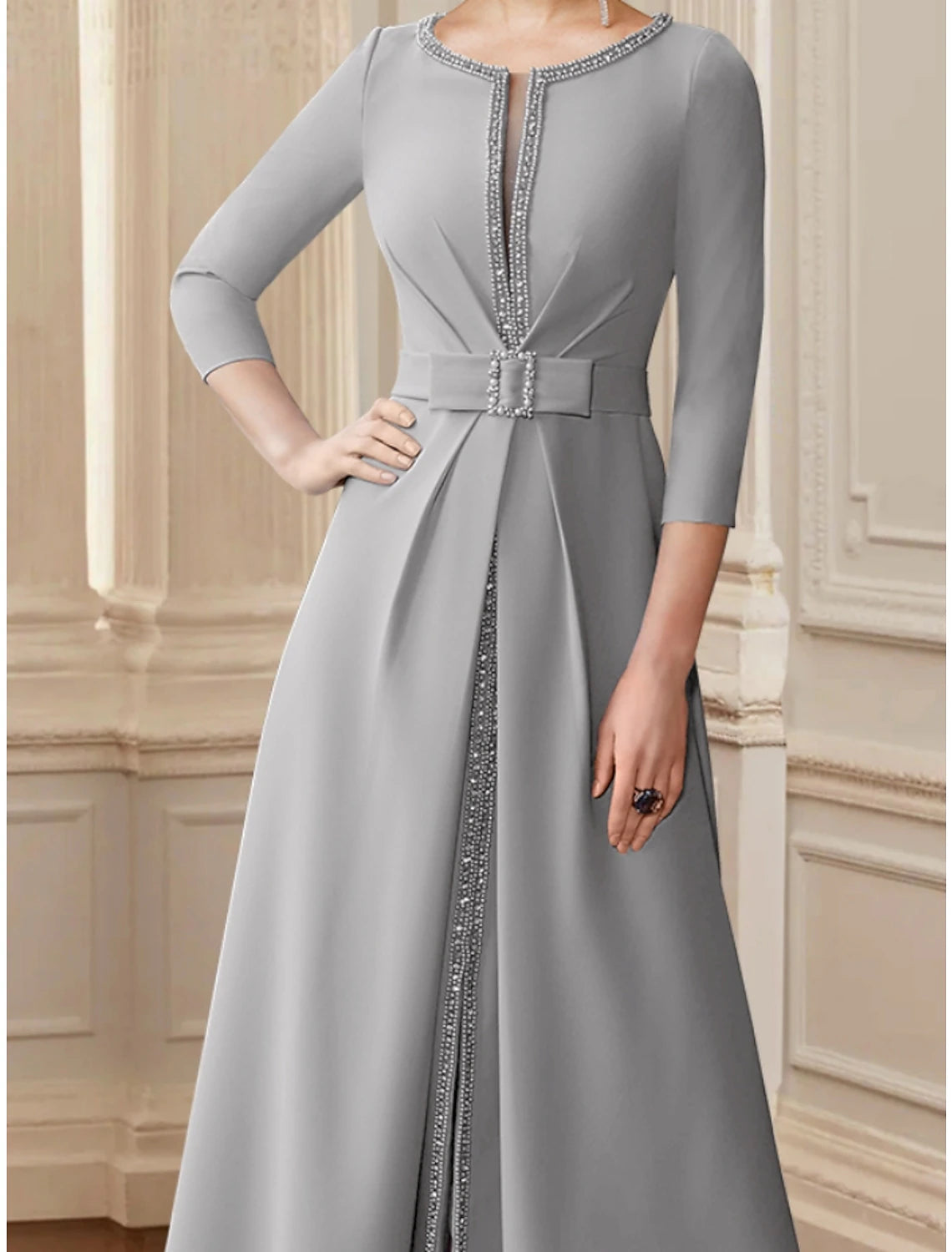 Wholesa  A-Line Mother of the Bride Dress Wedding Guest Elegant Scoop Neck Tea Length Stretch Chiffon 3/4 Length Sleeve with Bow(s) Sequin Ruching