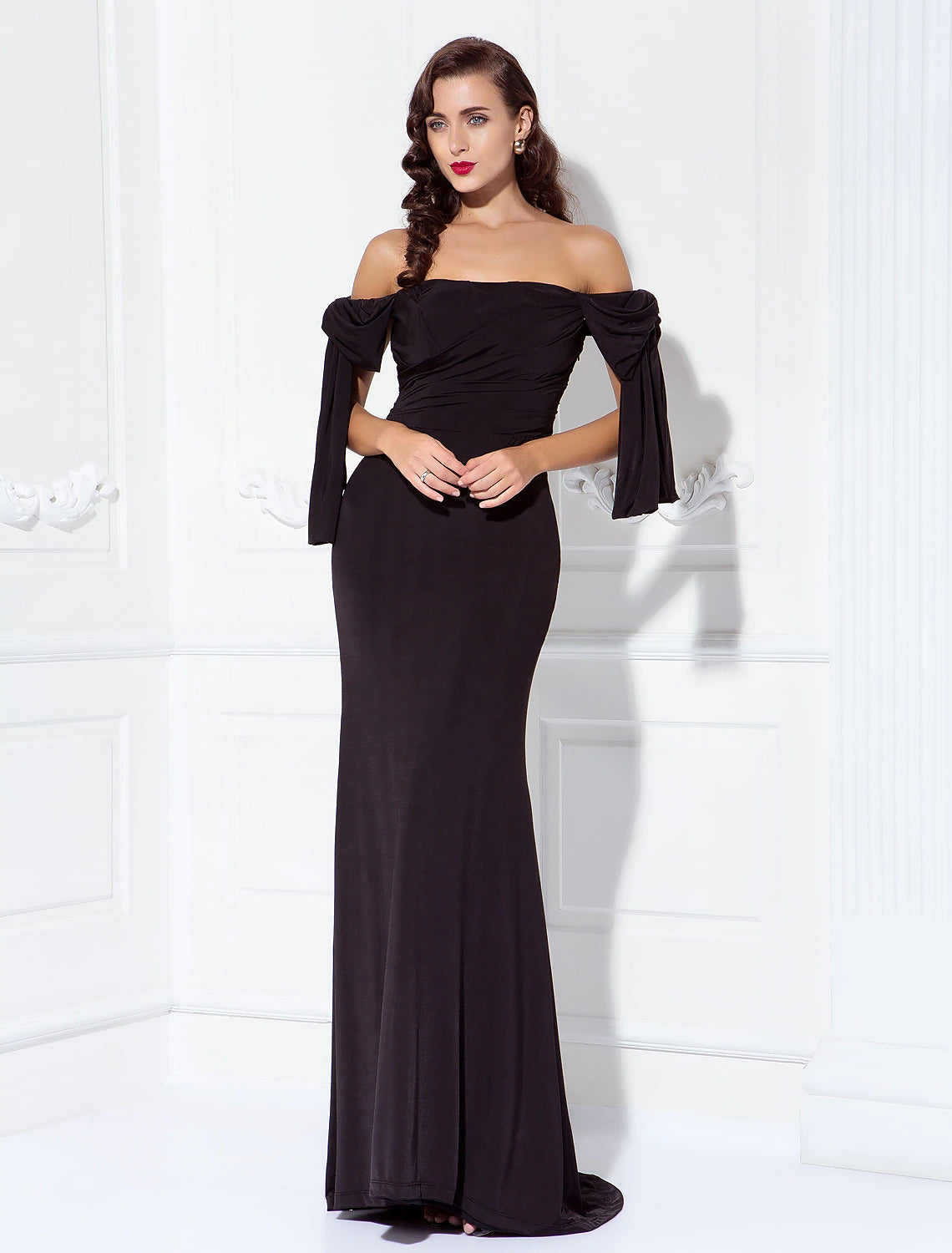 Wholesa Sheath / Column Celebrity Style Elegant Open Back Prom Formal Evening Military Ball Dress Off Shoulder Short Sleeve Sweep / Brush Train Jersey with Side Draping