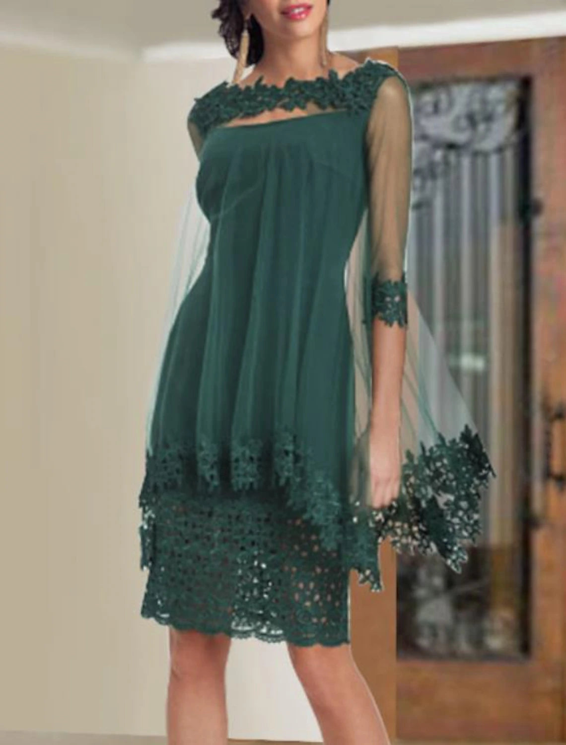 wholesale  Two Piece Sheath / Column Mother of the Bride Dress Elegant Wrap Included Square Neck Knee Length Chiffon Lace Half Sleeve with Appliques