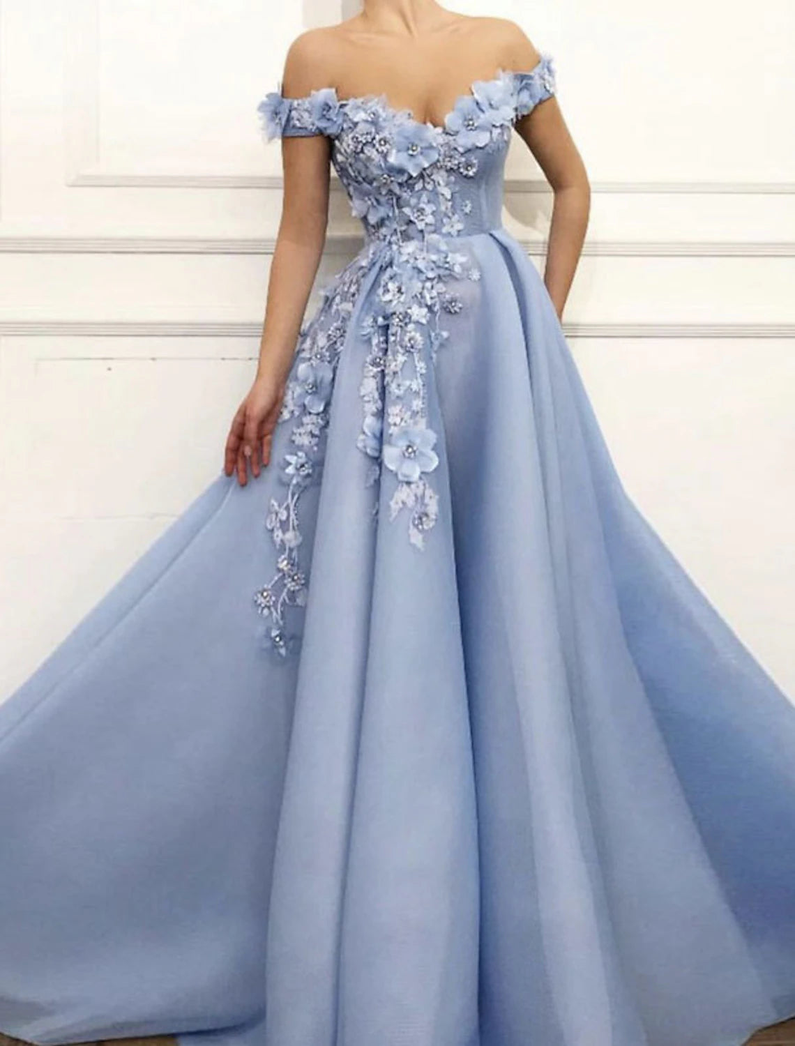 Wholesa A-Line Evening Gown Floral Dress Wedding Guest Quinceanera Floor Length Short Sleeve Off Shoulder Satin with Appliques Pure Color