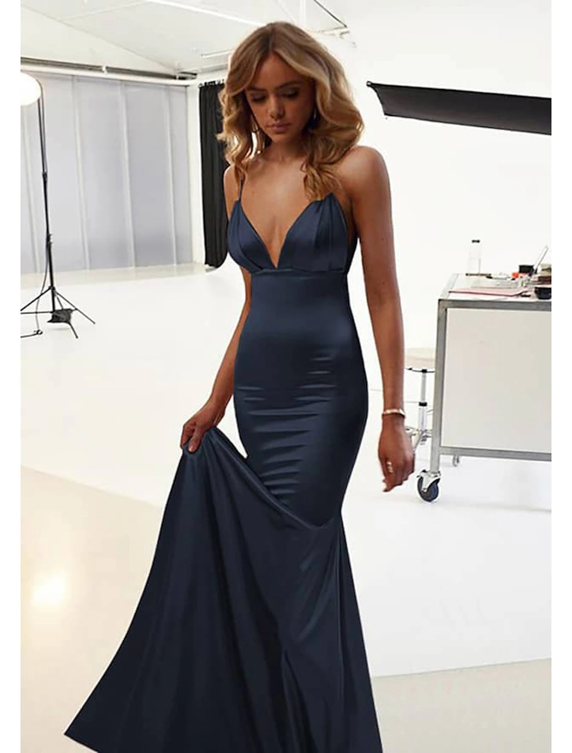 Wholesa Mermaid / Trumpet Wedding Guest Dresses Sexy Dress Prom Black Tie Gala Floor Length Sleeveless Spaghetti Strap Cotton Backless with Ruched
