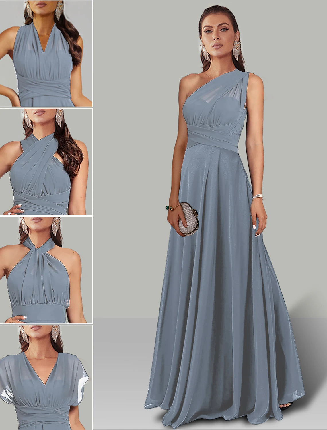 wholesale  A-Line Wedding Guest Dresses Infinity Dress Wedding Party Summer Floor Length Short Sleeve Halter Neck Convertible Chiffon with Ruched