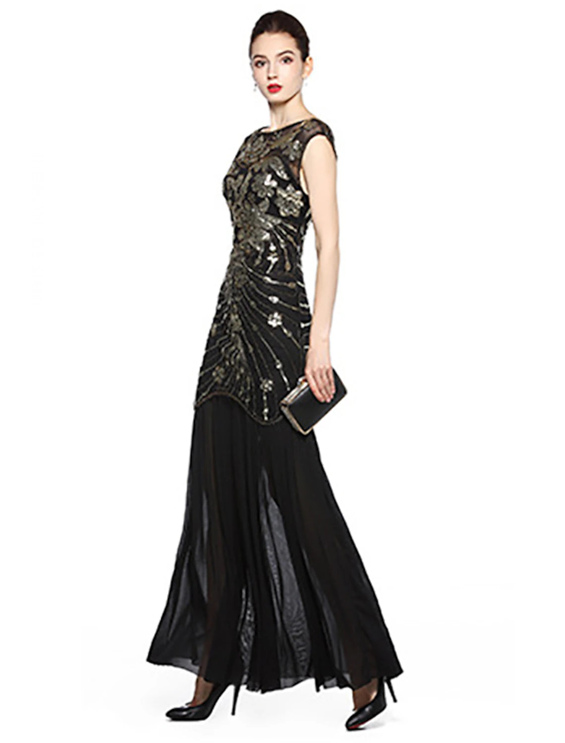 Wholesa A-Line Evening Gown Vintage Dress Holiday Party Wear Floor Length Sleeveless Jewel Neck Spandex V Back with Sequin Embroidery