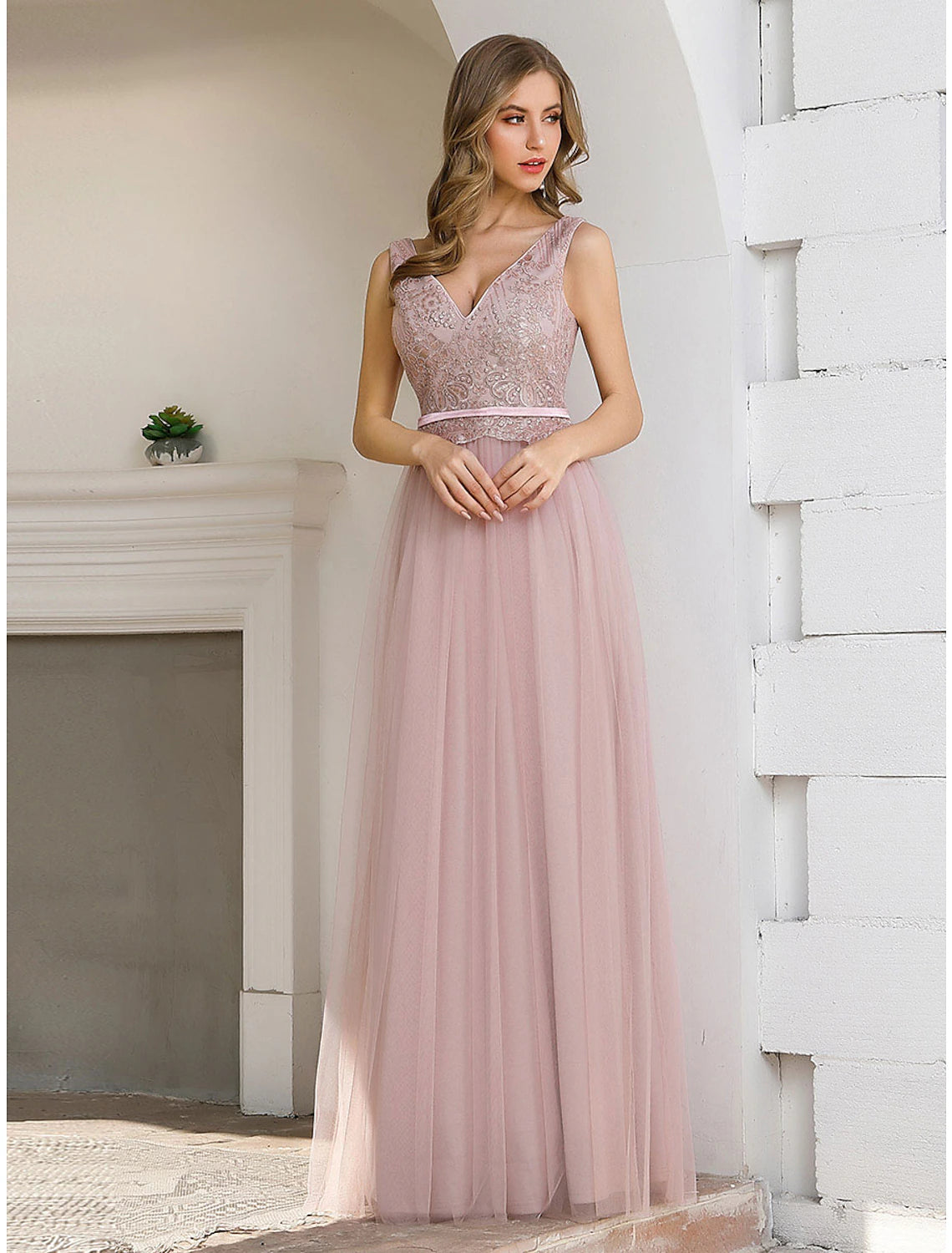 wholesa A-Line Evening Gown Elegant Dress Wedding Guest Formal Evening Floor Length Sleeveless V Neck Satin V Back with Sash / Ribbon Sequin