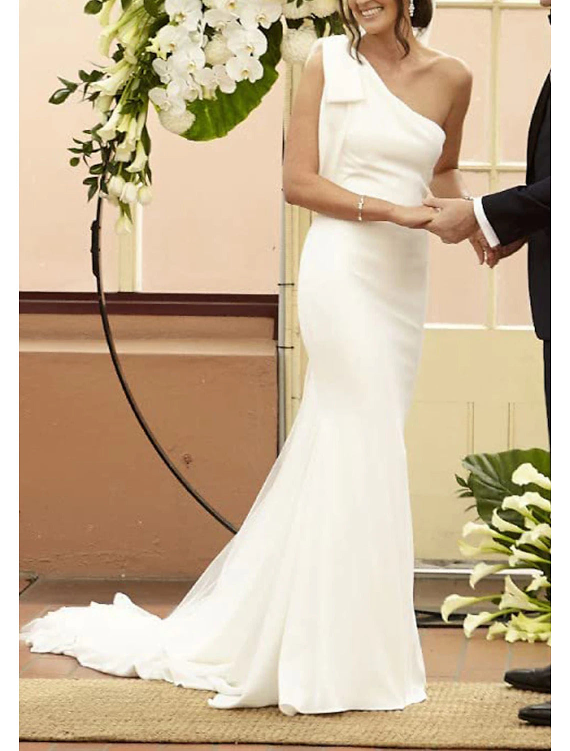 wholesale  Boho Wedding Dresses Mermaid One Shoulder Sleeveless Court Train Stretch Fabric Bridal Gowns With Bow(s)