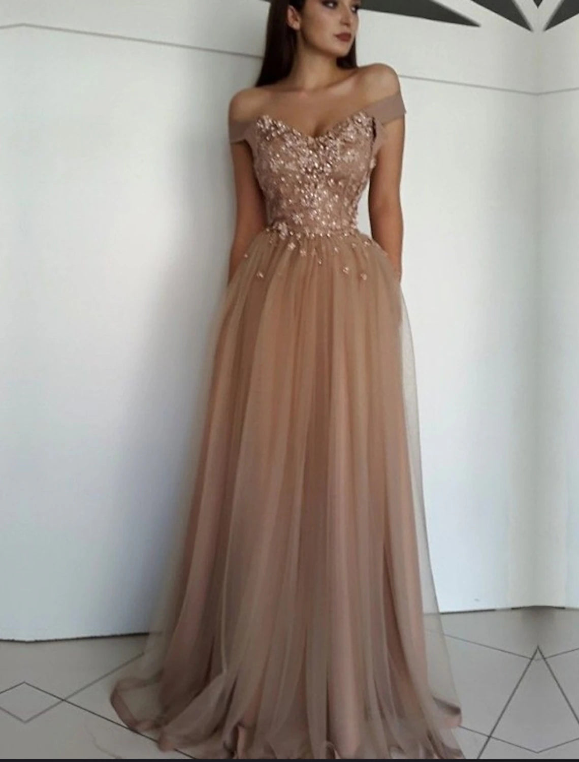 Wholesa A-Line Sexy Floral Wedding Guest Formal Evening Dress Off Shoulder Sleeveless Floor Length Lace with Pleats Beading Lace Insert