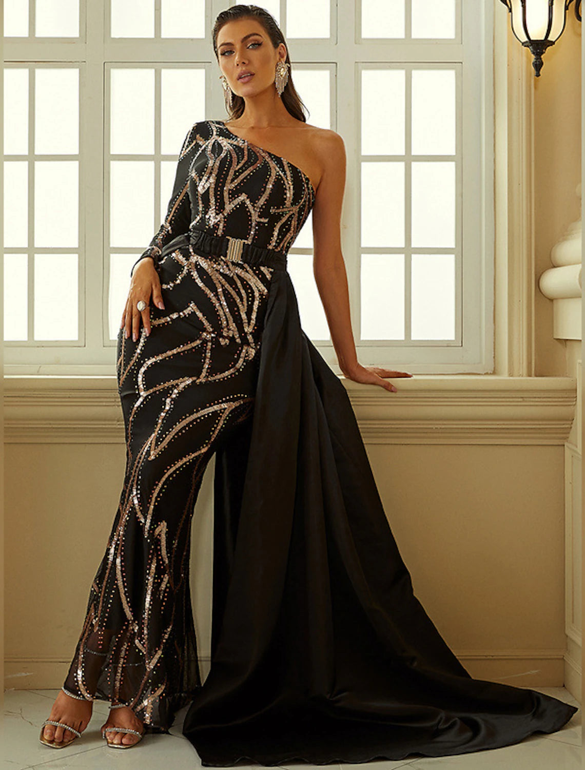 Wholesa Mermaid Black Dress Evening Gown Black Dress Vintage Formal Wedding Guest Court Train Long Sleeve One Shoulder Polyester with Sequin