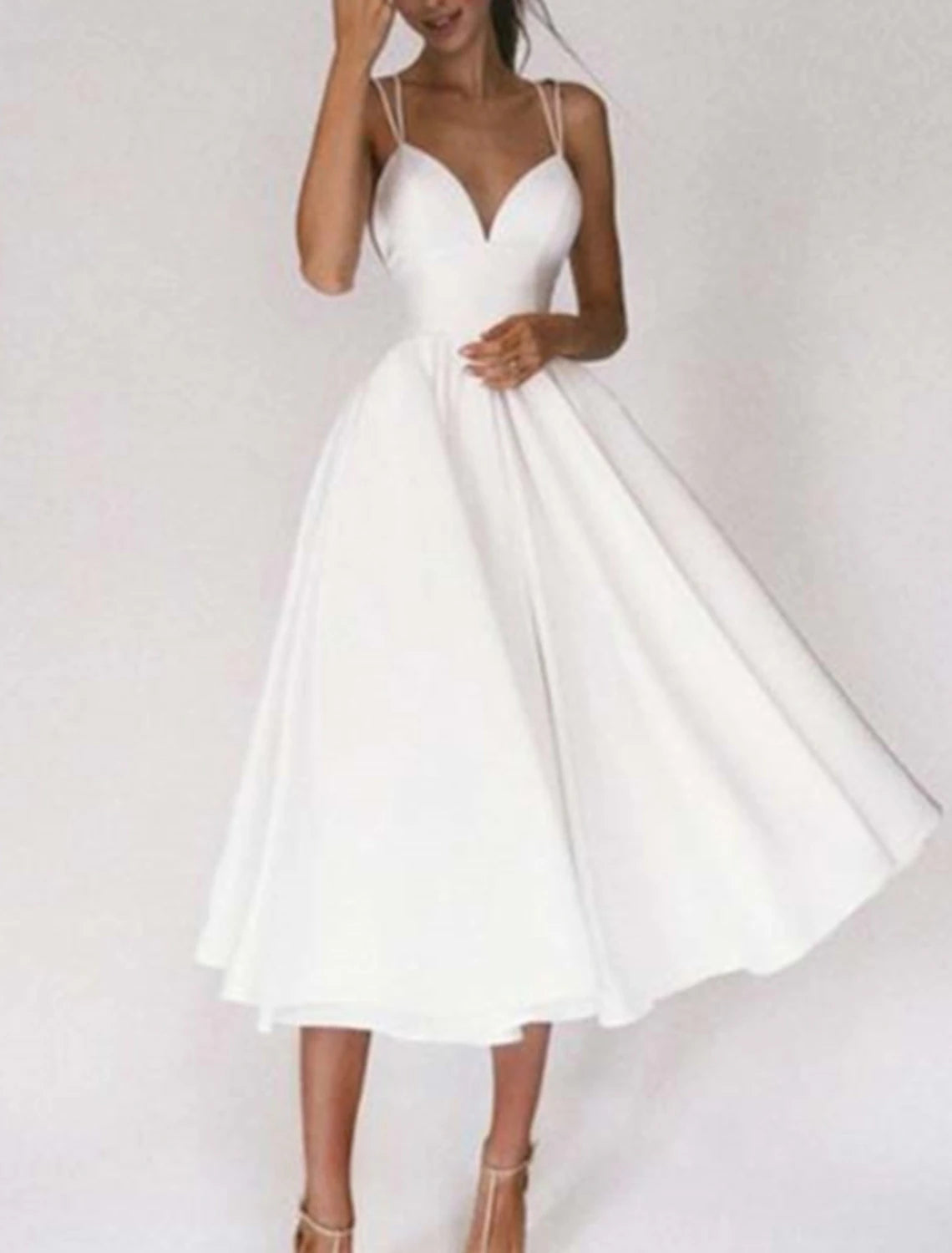 Wholesa  Reception Little White Dresses Wedding Dresses A-Line Sweetheart Camisole Spaghetti Strap Tea Length Chiffon Bridal Gowns With Pleats