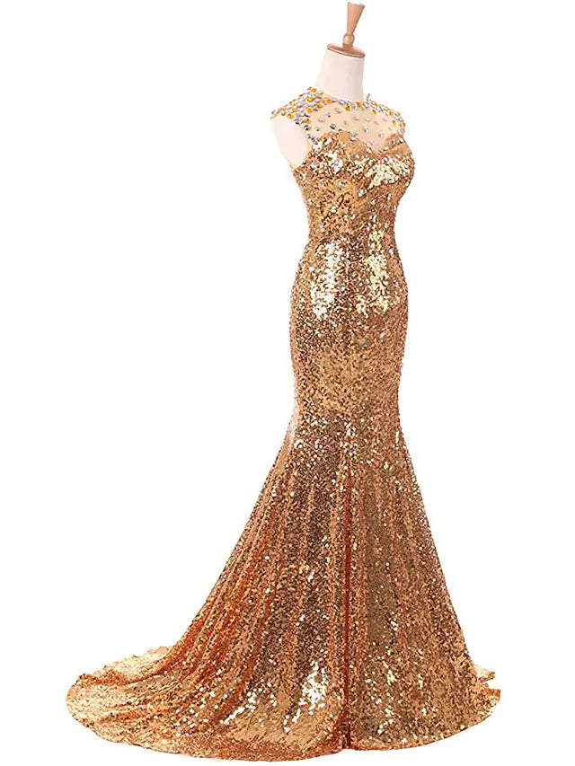 Wholesa Mermaid / Trumpet Prom Dresses Sparkle Dress Prom Court Train Sleeveless Jewel Neck Sequined with Beading