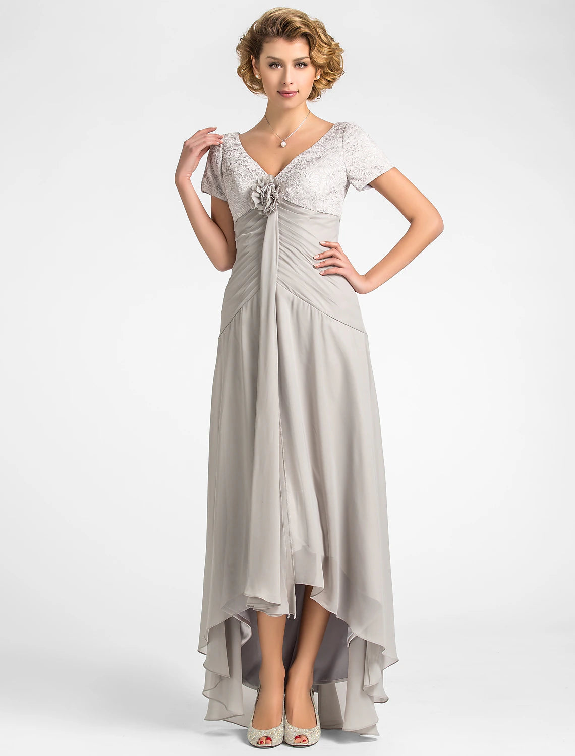 wholesale   A-Line Mother of the Bride Dress Floral High Low V Neck Asymmetrical Chiffon Lace Short Sleeve with Pleats Flower