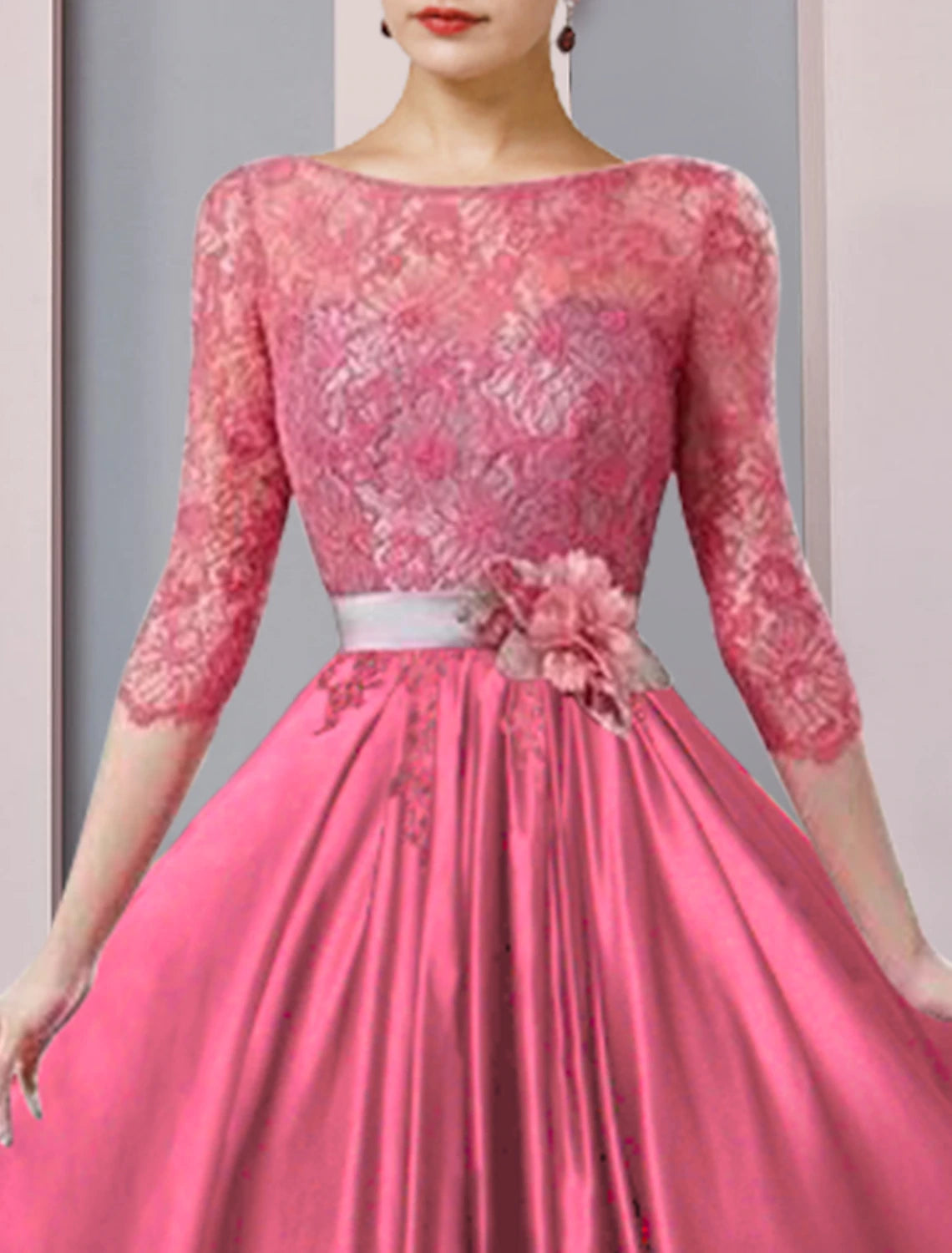 wholesale  A-Line Mother of the Bride Dress Formal Church Party Elegant Scoop Neck Tea Length Satin Lace Half Sleeve with Sash / Ribbon Flower