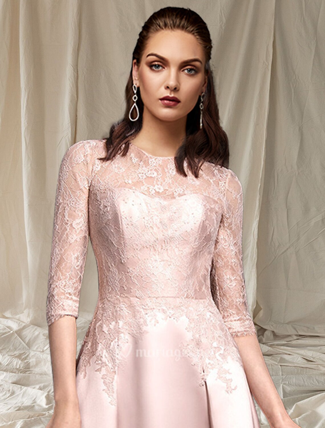 wholesale   A-Line Mother of the Bride Dress Elegant Jewel Neck Tea Length Satin Lace Half Sleeve with Pleats