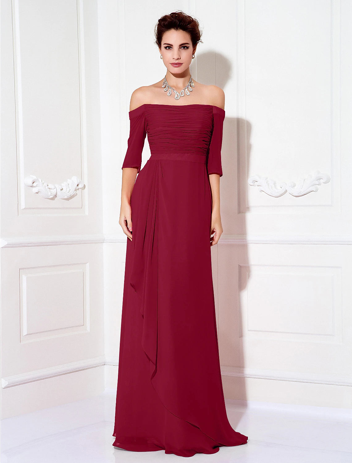 wholesa Sheath / Column Minimalist Dress Wedding Guest Formal Evening Sweep / Brush Train Half Sleeve Off Shoulder Bridesmaid Dress Chiffon with Ruched Draping