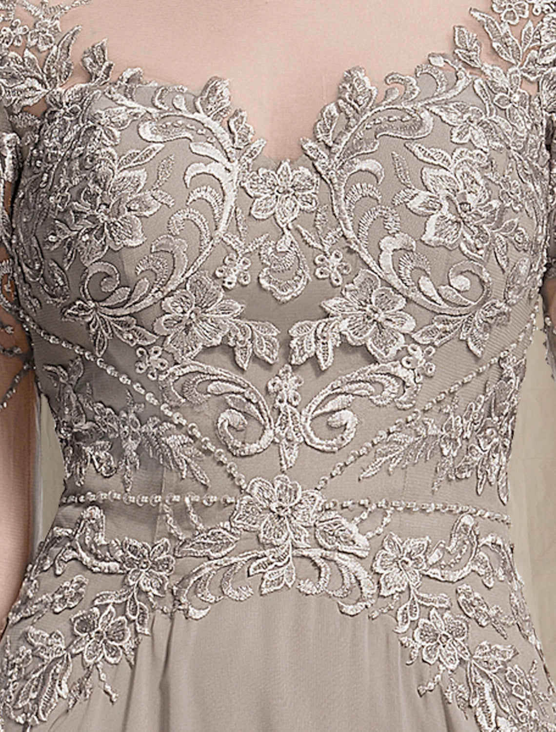 wholesale  A-Line Mother of the Bride Dress Luxurious Elegant Jewel Neck Floor Length Chiffon Lace Long Sleeve with Pleats Appliques