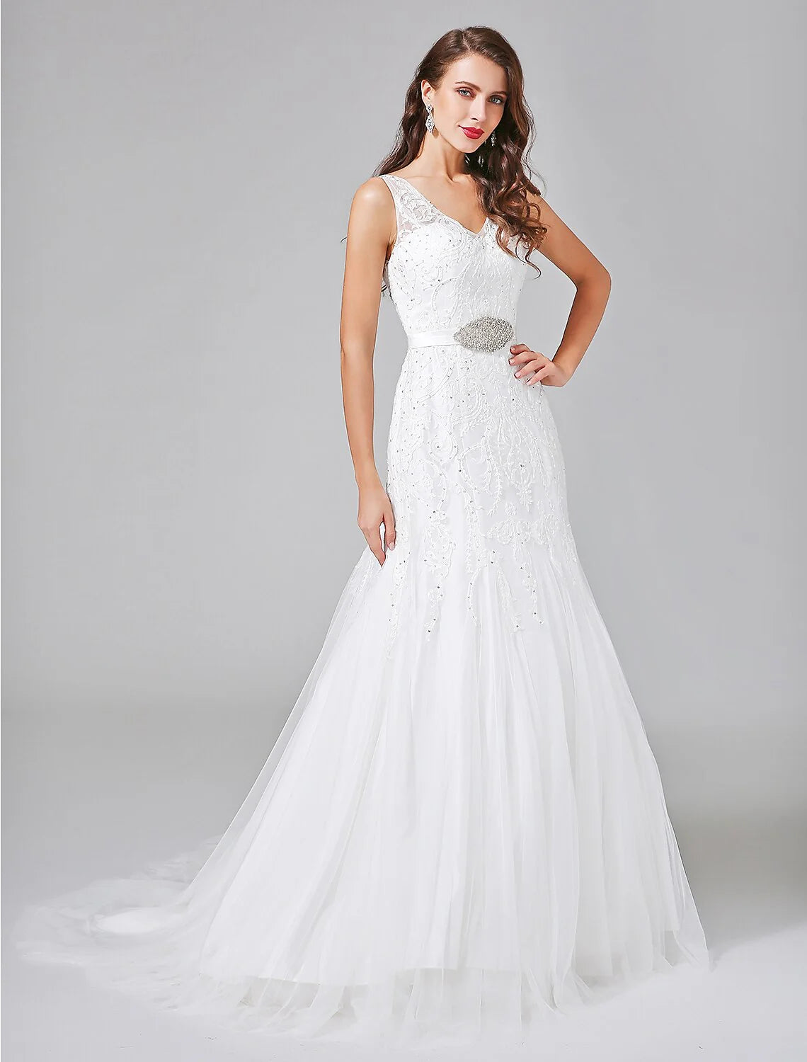 Wholesa Wedding Dresses A-Line V Neck Sleeveless Court Train Lace Bridal Gowns With Sash / Ribbon Beading