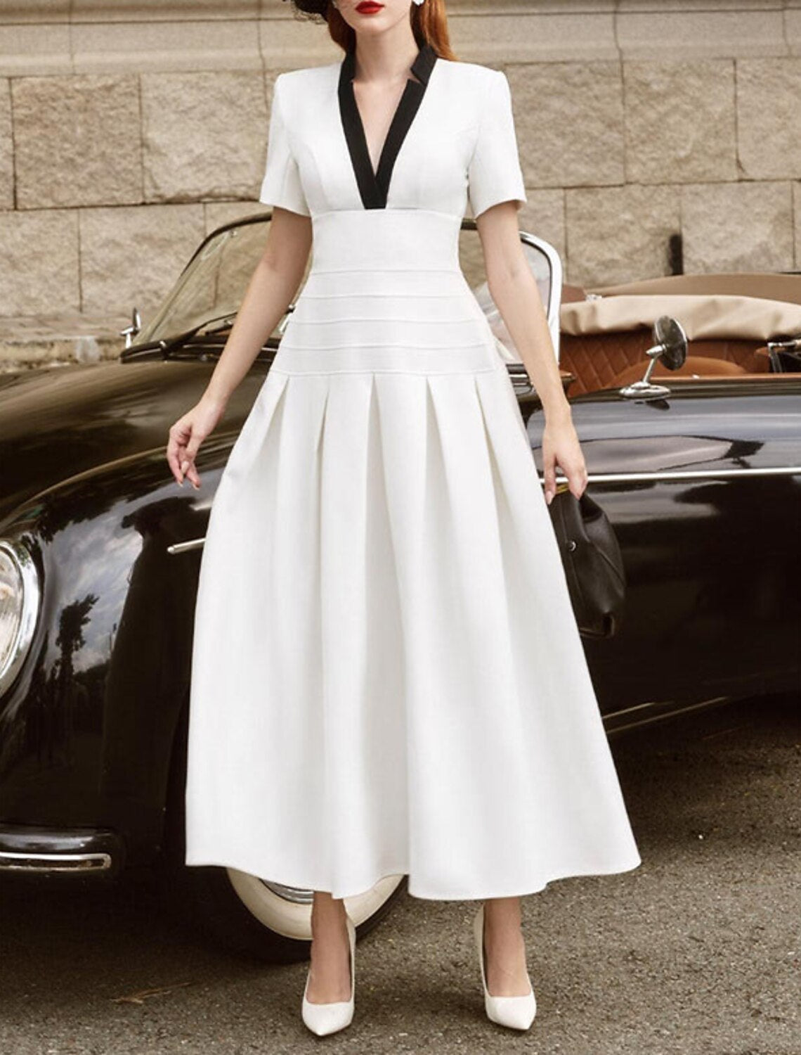 Wholesa A-Line Cocktail Dresses Elegant Dress Wedding Guest Ankle Length Short Sleeve V Neck Stretch Fabric with Ruched