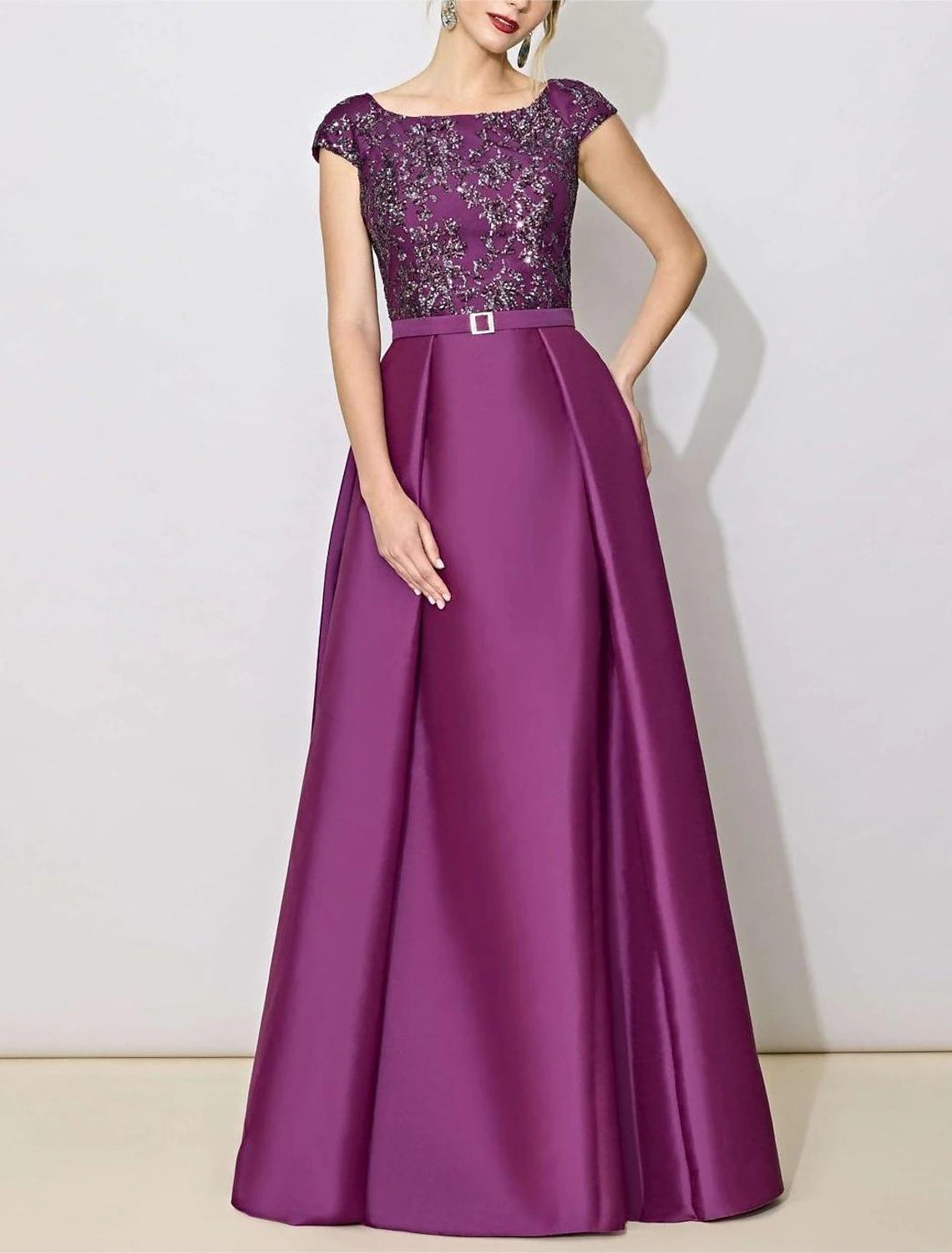 Wholesa A-Line Mother of the Bride Dress Formal Wedding Guest Elegant Bateau Neck Floor Length Sequined Italy Satin Half Sleeve Cap Sleeve with Lace Sash / Ribbon Sequin