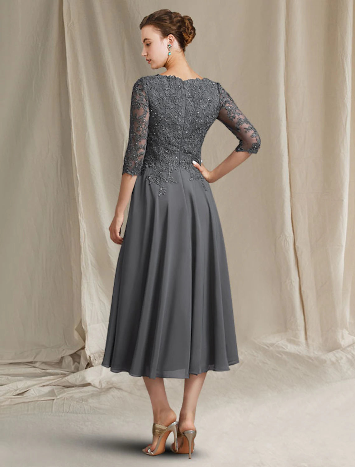 wholesale  A-Line Mother of the Bride Dress Plus Size Elegant V Neck Tea Length Chiffon Lace 3/4 Length Sleeve with Pleats Beading Appliques