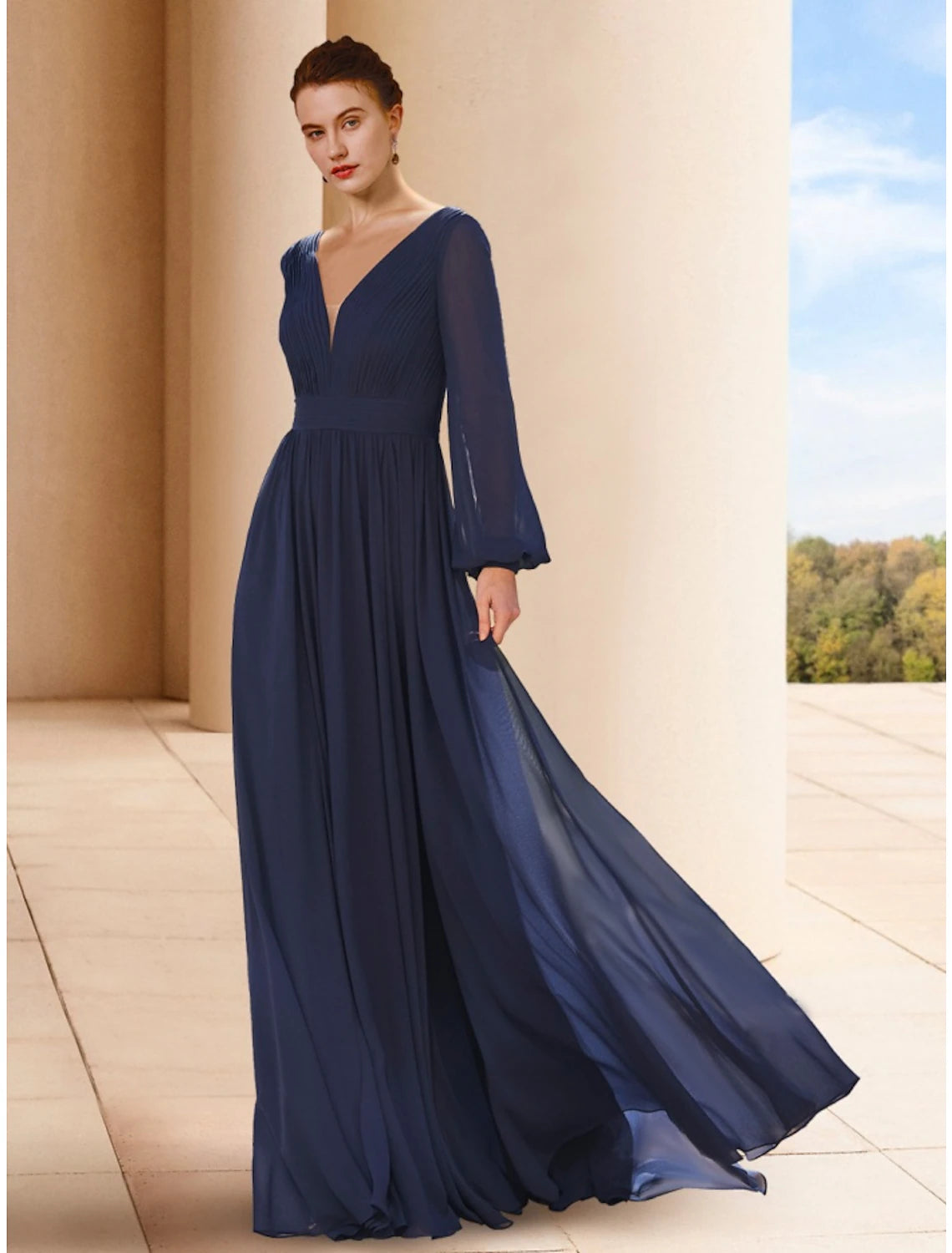 Wholesa  A-Line Mother of the Bride Dress Wedding Guest Elegant V Neck Floor Length Chiffon Long Sleeve with Ruching Solid Color