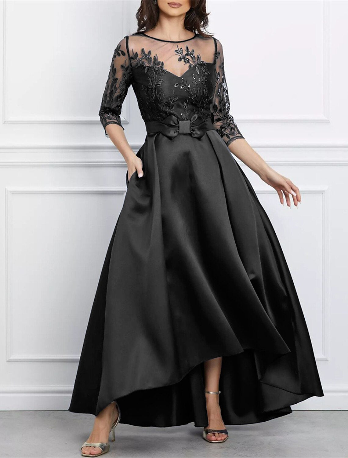 Wholesa A-Line Evening Gown Elegant Black Dress Plus Size Formal Wedding Asymmetrical High Low 3/4 Length Sleeve Jewel Neck Satin with Bow(s) Sequin Appliques