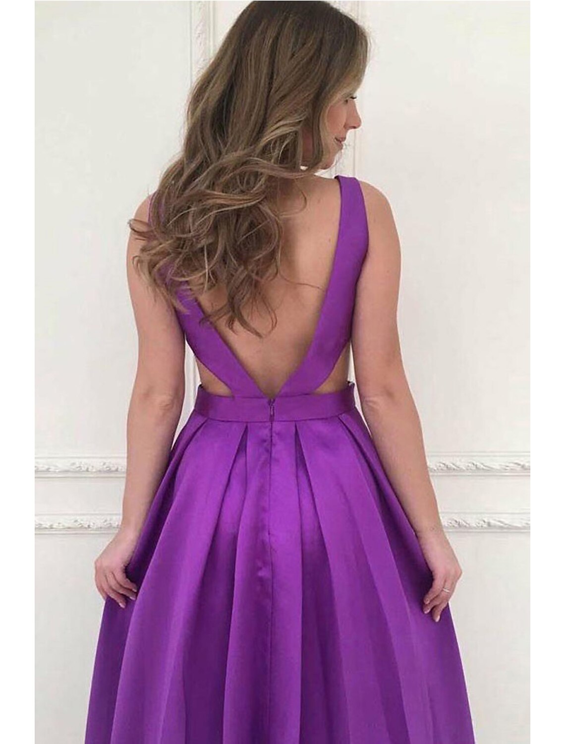 wholesale  A-Line Prom Dresses Minimalist Dress Formal Prom Floor Length Sleeveless V Neck Pocket Stretch Satin Backless V Back with Pleats Pocket