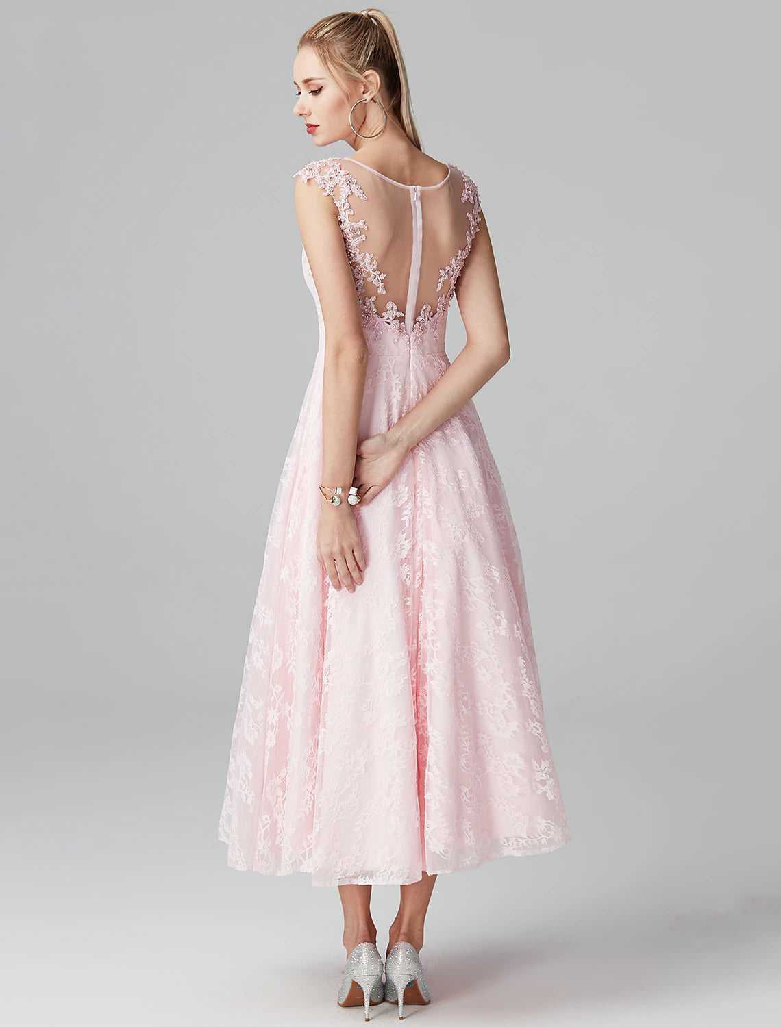 wholesa A-Line Prom Dresses Floral Dress Evening Party Wedding Guest Ankle Length Short Sleeve Illusion Neck Lace Zipper with Appliques