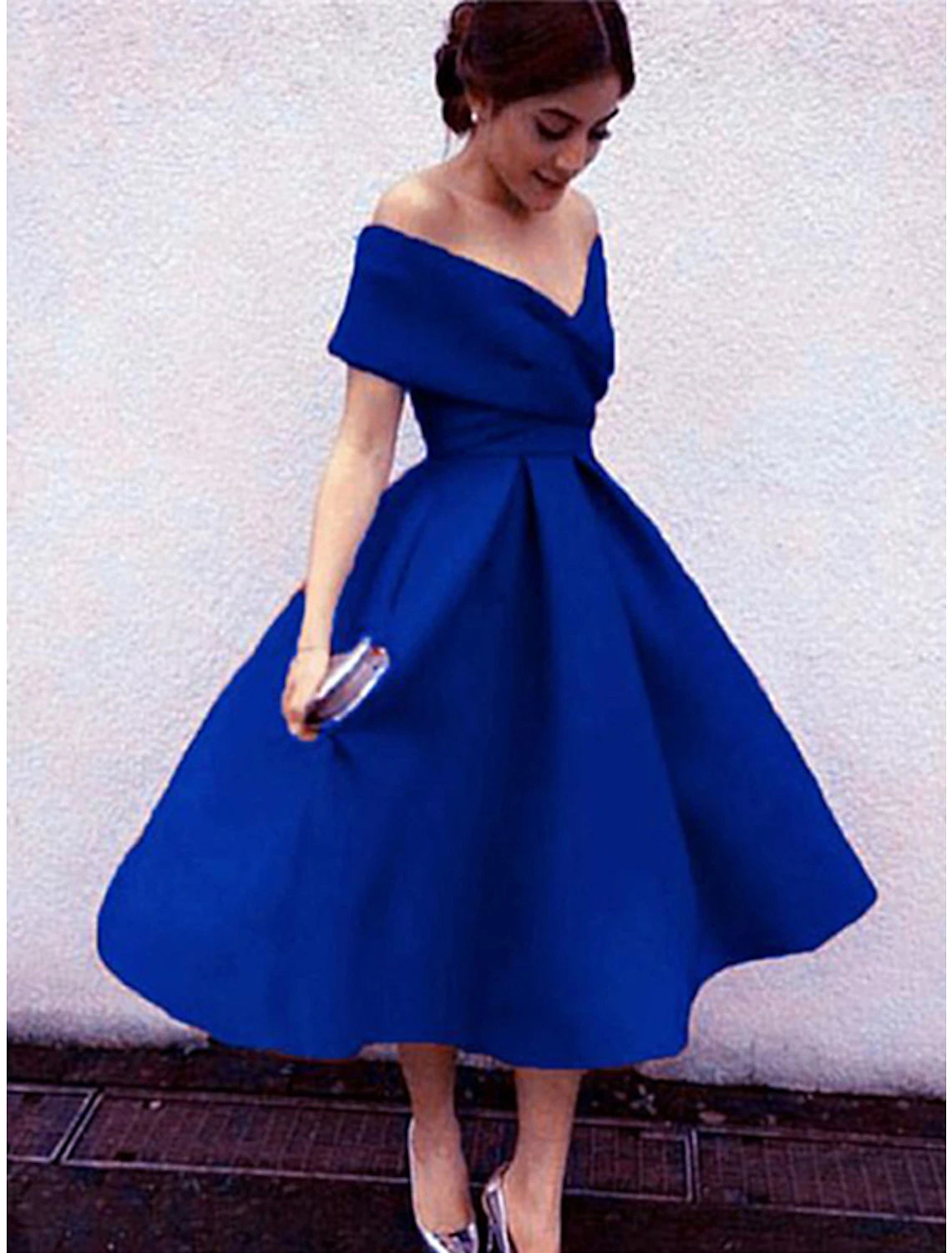wholesale  A-Line Cocktail Dresses 1950s Dress Homecoming Formal Evening Tea Length Short Sleeve V Neck Stretch Fabric V Back with Pleats