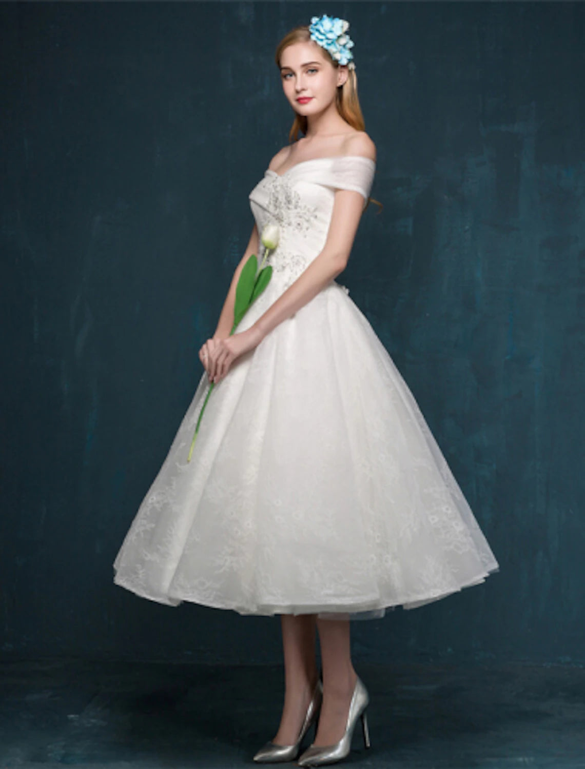wholesale  Reception Little White Dresses Wedding Dresses A-Line Off Shoulder Cap Sleeve Tea Length Lace Bridal Gowns With Beading Sequin